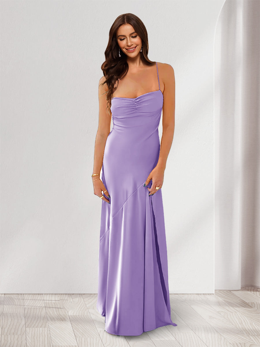Sheath/Column Spaghetti Straps Pleated Long Bridesmaid Dresses with Split Side Light Purple