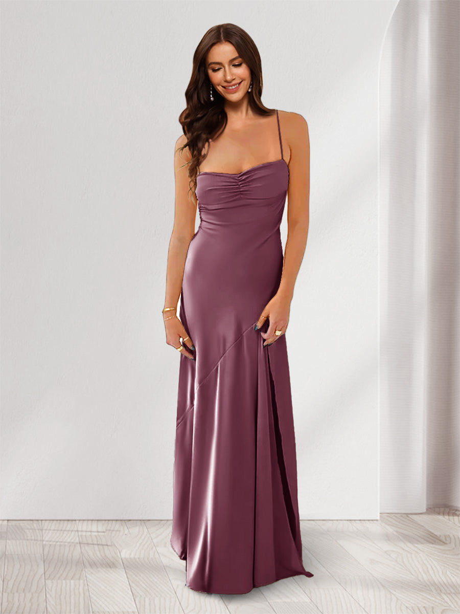 Sheath/Column Spaghetti Straps Pleated Long Bridesmaid Dresses with Split Side Mulberry