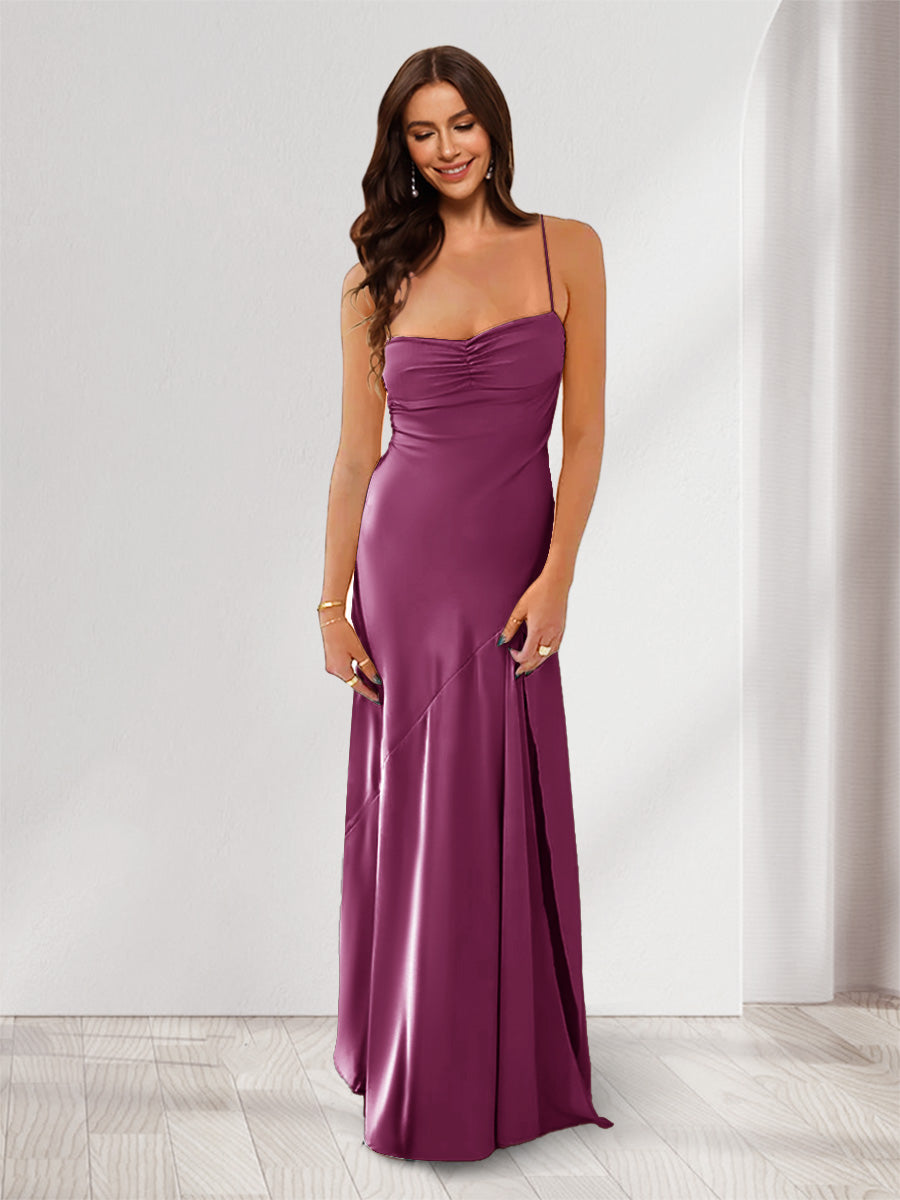Sheath/Column Spaghetti Straps Pleated Long Bridesmaid Dresses with Split Side Orchid