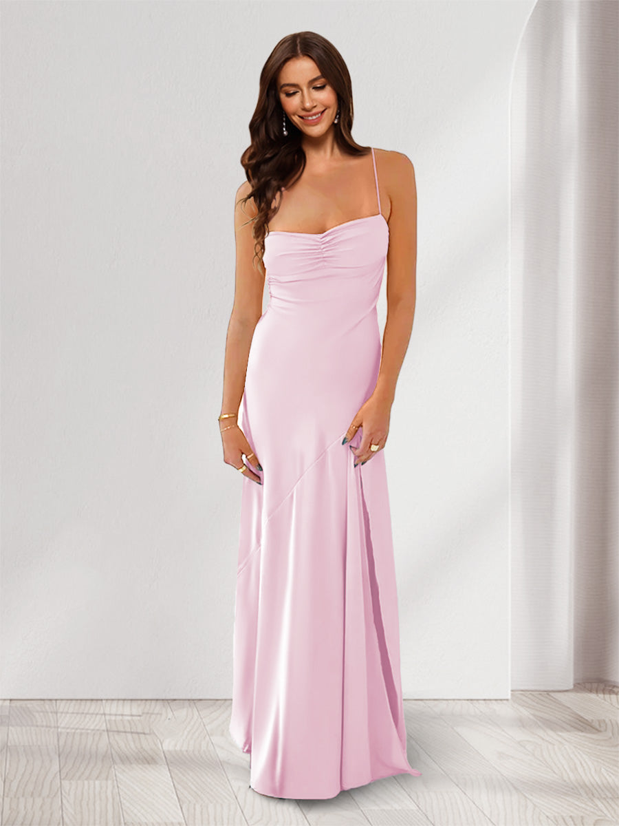 Sheath/Column Spaghetti Straps Pleated Long Bridesmaid Dresses with Split Side Pearl Pink