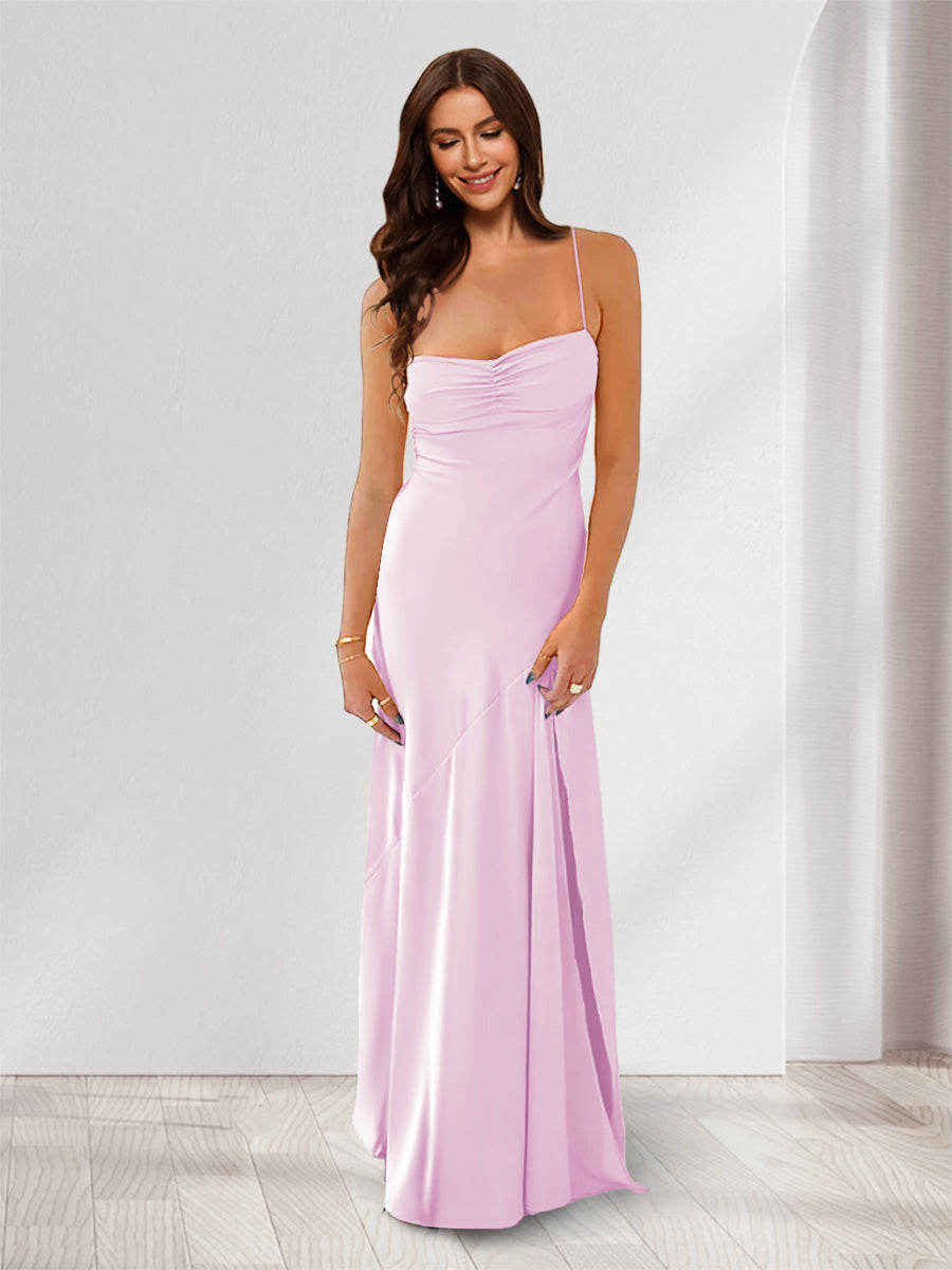 Sheath/Column Spaghetti Straps Pleated Long Bridesmaid Dresses with Split Side Pink