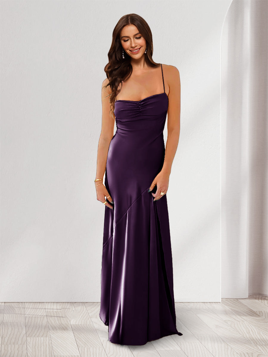 Sheath/Column Spaghetti Straps Pleated Long Bridesmaid Dresses with Split Side Plum