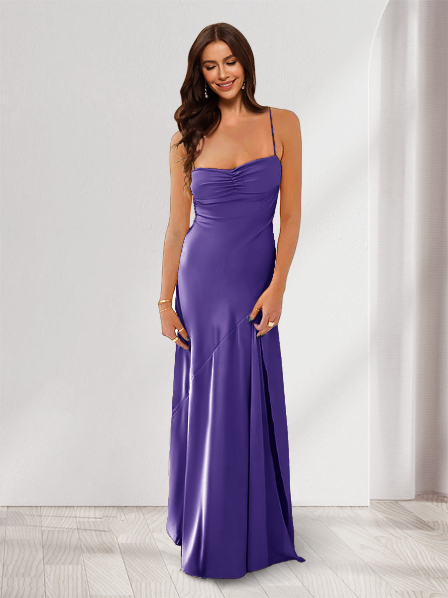 Sheath/Column Spaghetti Straps Pleated Long Bridesmaid Dresses with Split Side Purple