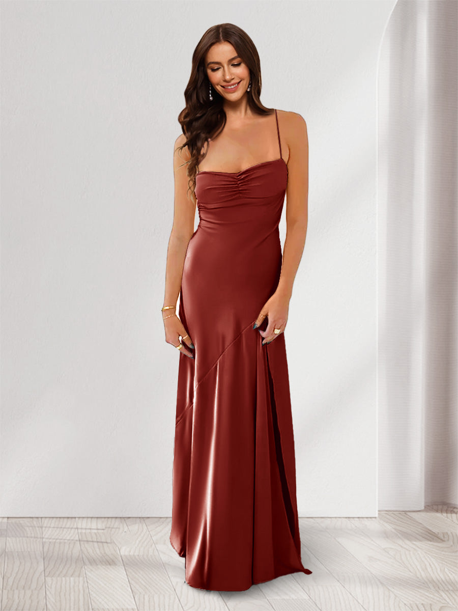 Sheath/Column Spaghetti Straps Pleated Long Bridesmaid Dresses with Split Side Rust