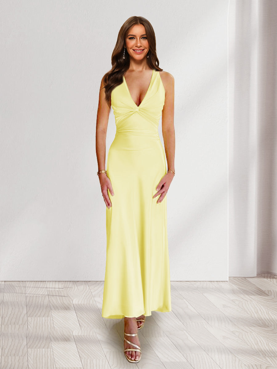 Sheath/Column Deep V-Neck Pleated Long Bridesmaid Dresses with Bow Back Canary