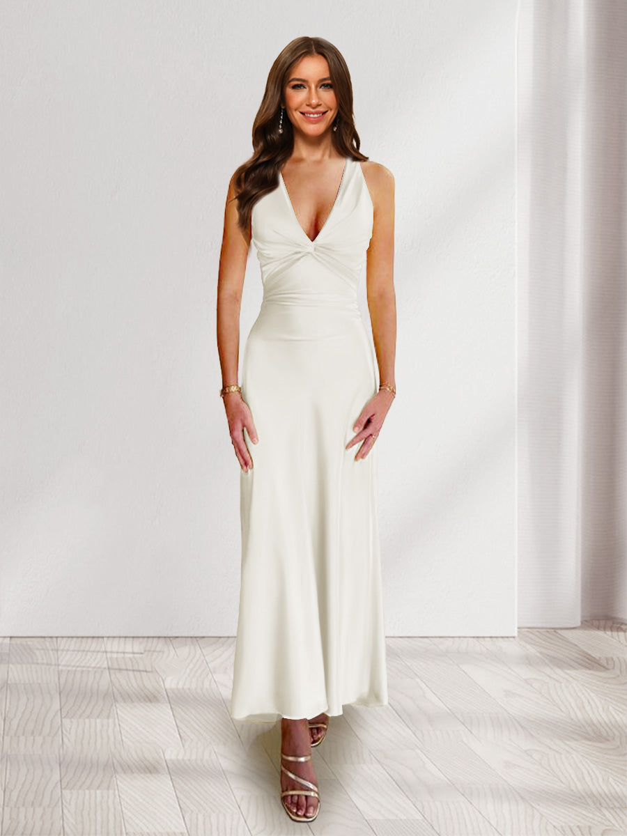 Sheath/Column Deep V-Neck Pleated Long Bridesmaid Dresses with Bow Back Ivory