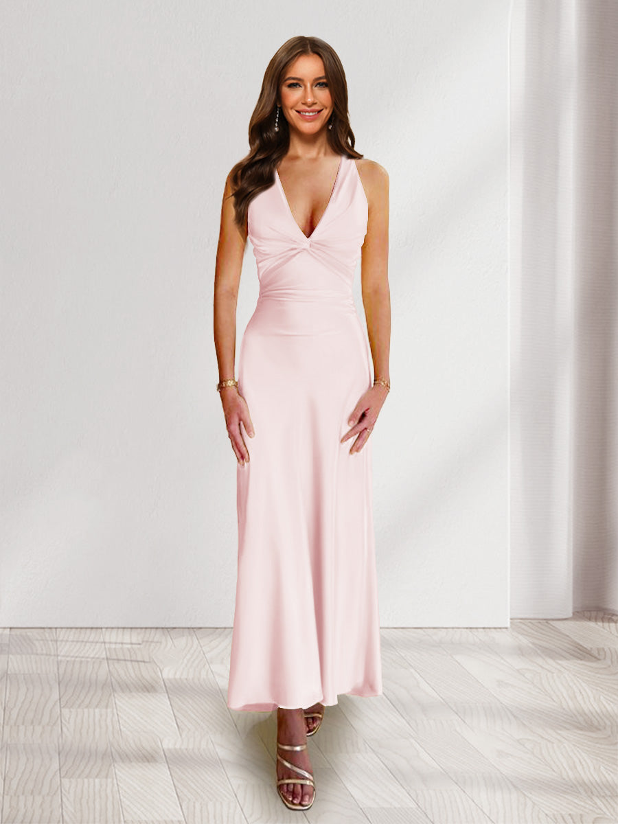 Sheath/Column Deep V-Neck Pleated Long Bridesmaid Dresses with Bow Back Light Pink