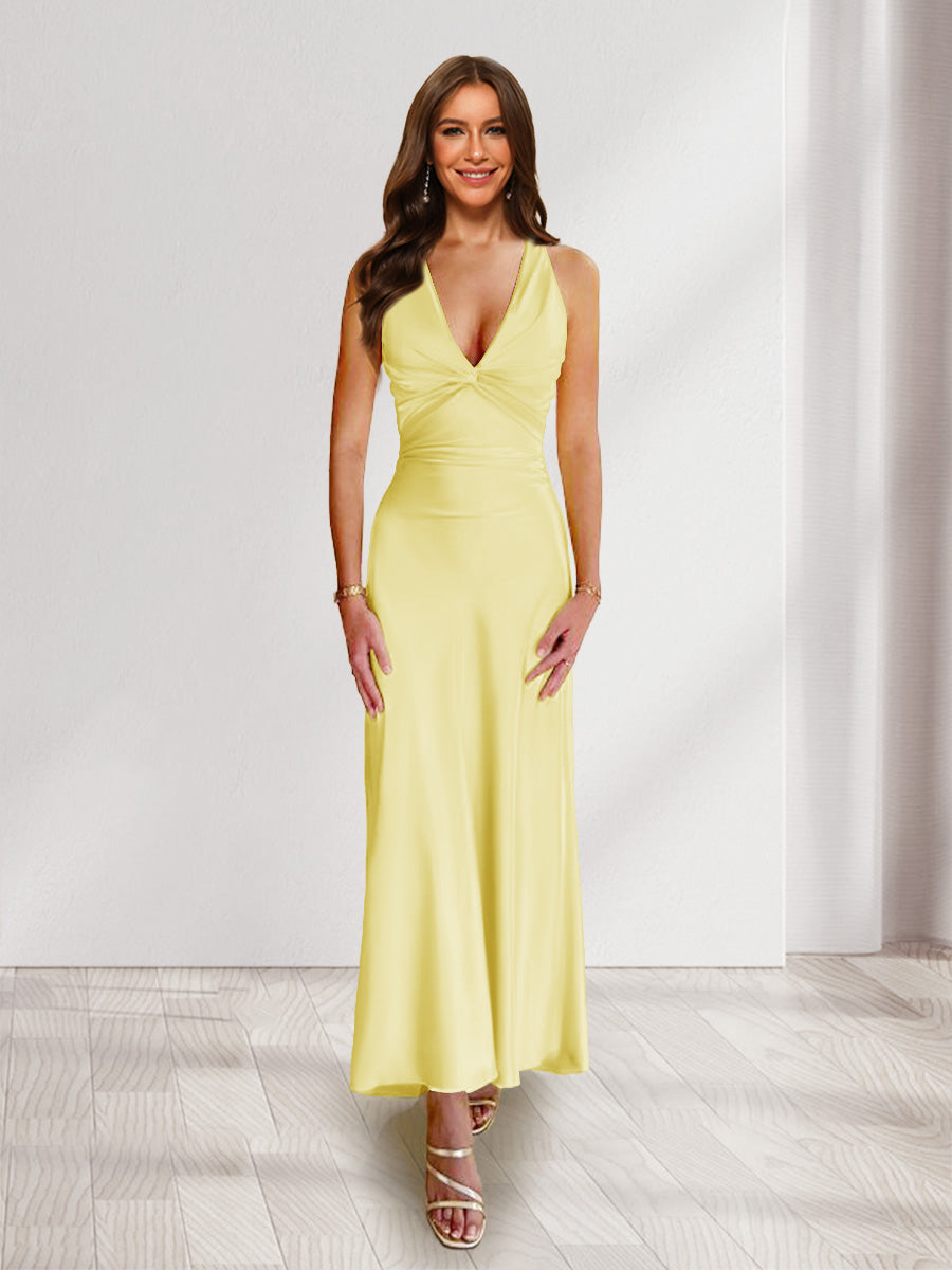 Sheath/Column Deep V-Neck Pleated Long Bridesmaid Dresses with Bow Back Yellow