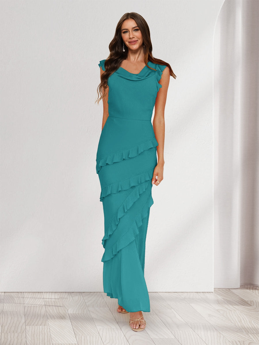 Sheath/Column Cowl Neck Sleeveless Ruffle Maxi Dresses Long Bridesmaid Dresses Aqua Blue