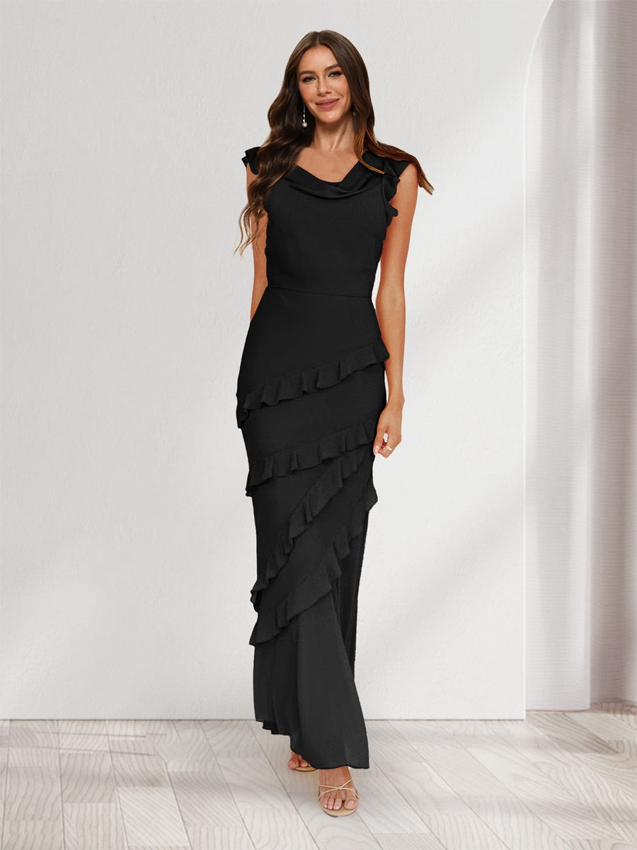 Sheath/Column Cowl Neck Sleeveless Ruffle Maxi Dresses Long Bridesmaid Dresses Black
