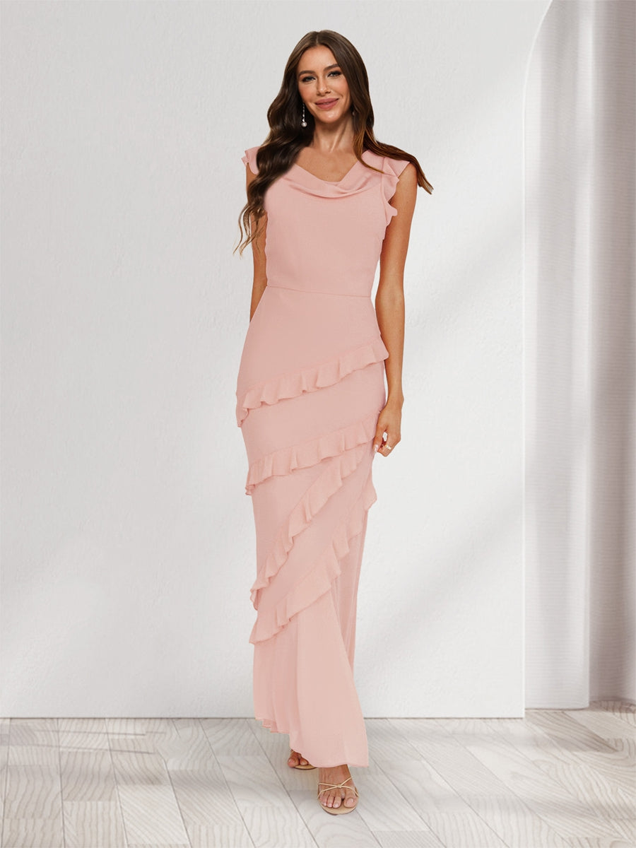 Sheath/Column Cowl Neck Sleeveless Ruffle Maxi Dresses Long Bridesmaid Dresses Blush Pink
