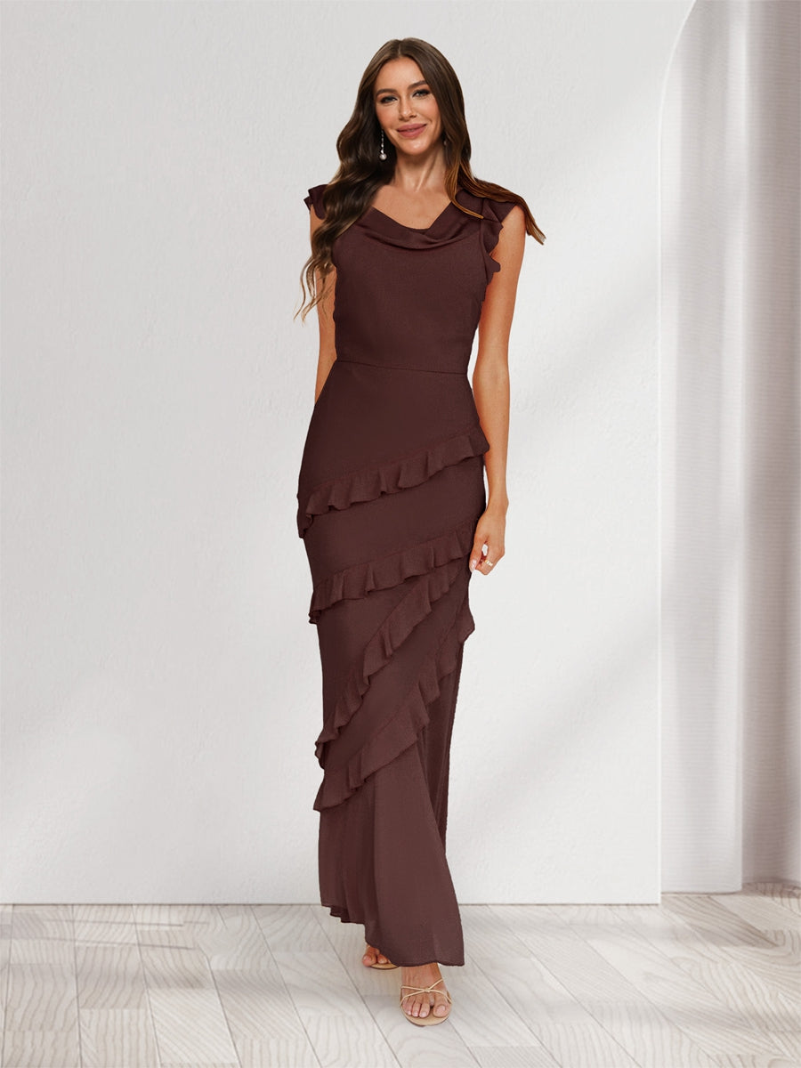 Sheath/Column Cowl Neck Sleeveless Ruffle Maxi Dresses Long Bridesmaid Dresses Brown