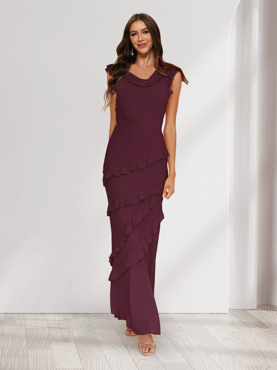 Sheath/Column Cowl Neck Sleeveless Ruffle Maxi Dresses Long Bridesmaid Dresses Burgundy