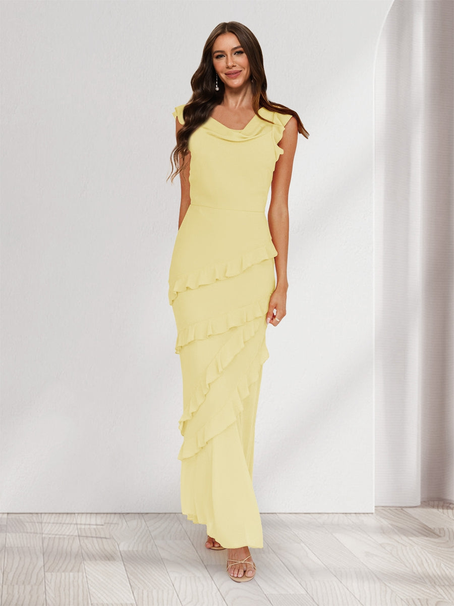 Sheath/Column Cowl Neck Sleeveless Ruffle Maxi Dresses Long Bridesmaid Dresses Canary