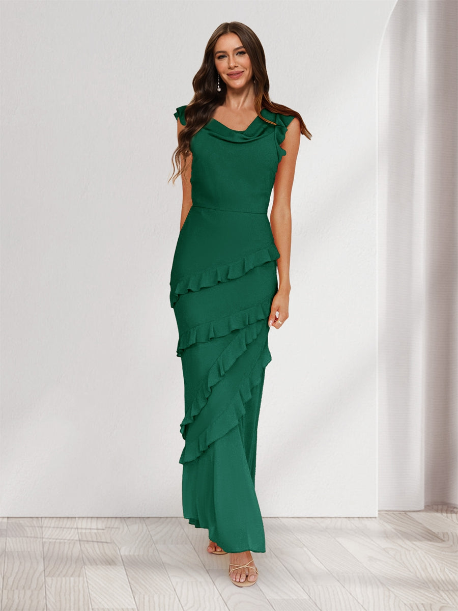 Sheath/Column Cowl Neck Sleeveless Ruffle Maxi Dresses Long Bridesmaid Dresses Dark Green