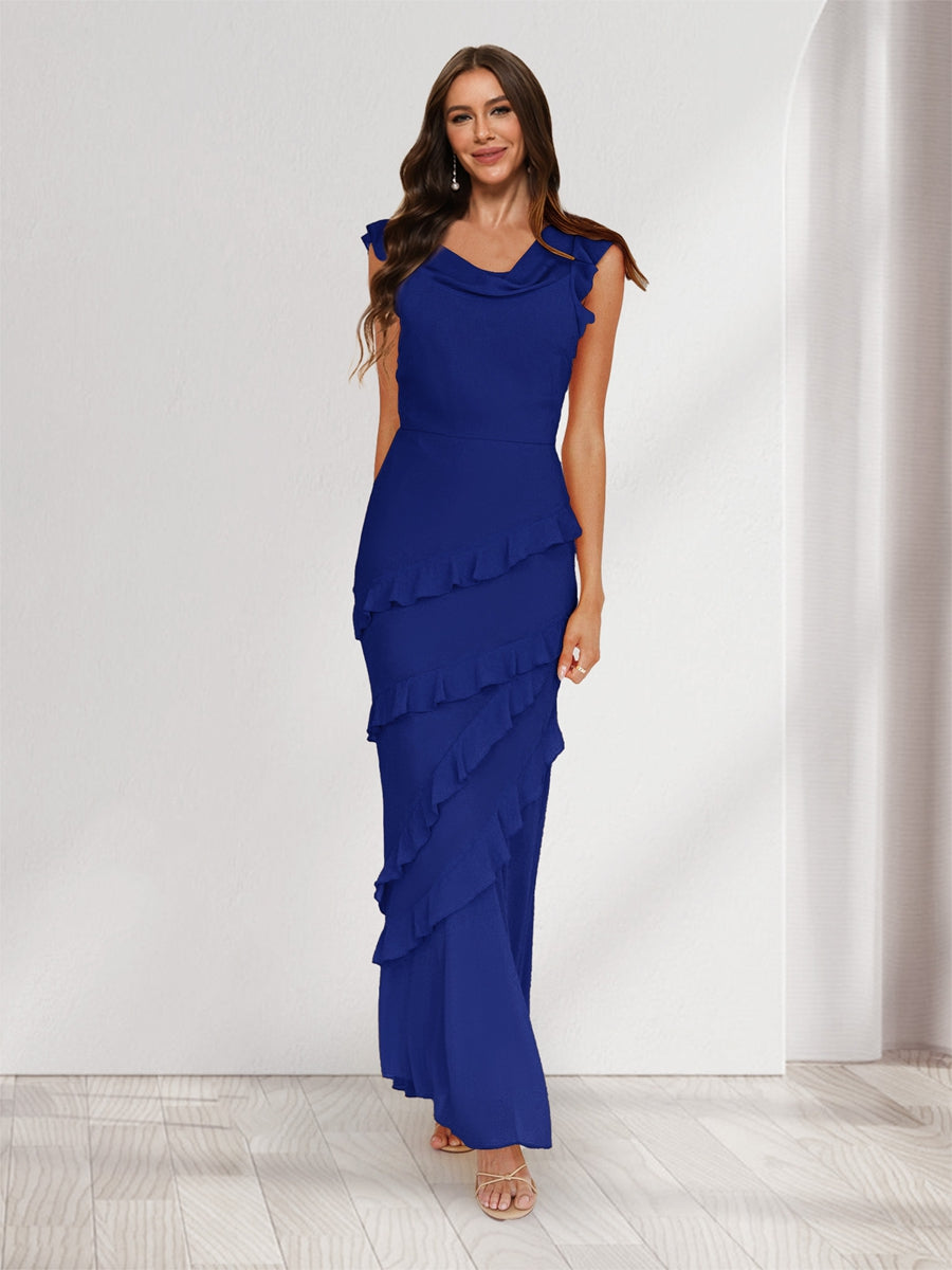 Sheath/Column Cowl Neck Sleeveless Ruffle Maxi Dresses Long Bridesmaid Dresses Dark Royal Blue