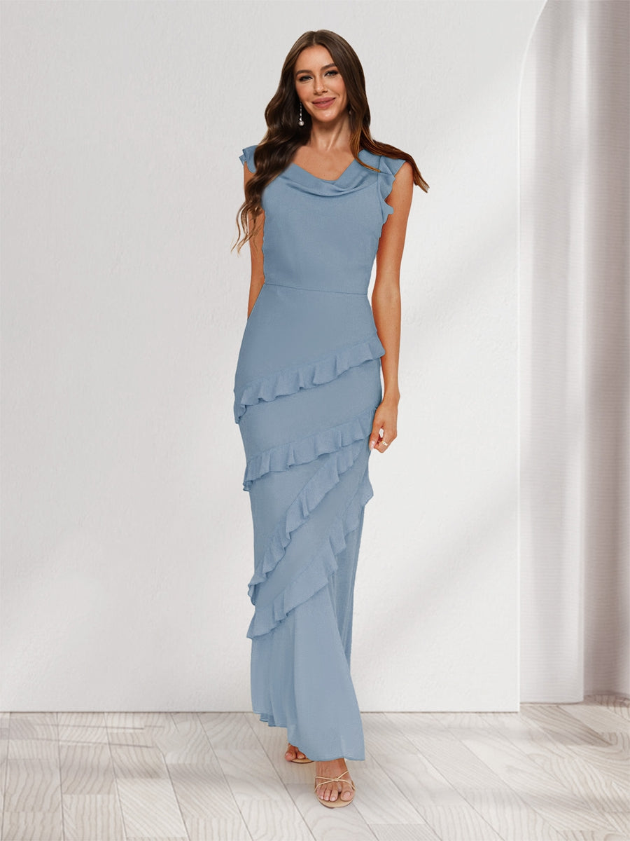 Sheath/Column Cowl Neck Sleeveless Ruffle Maxi Dresses Long Bridesmaid Dresses Dusty Blue