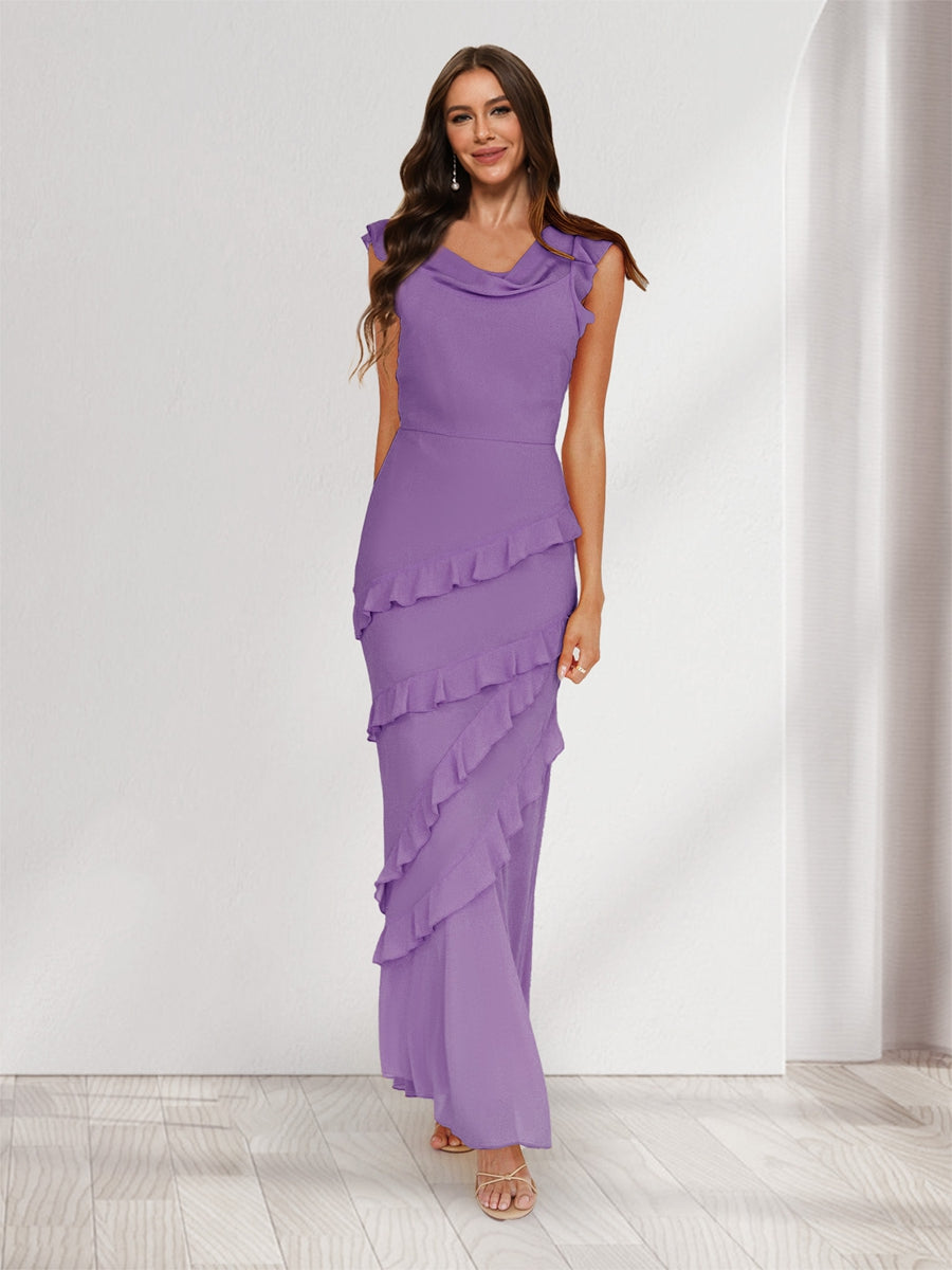 Sheath/Column Cowl Neck Sleeveless Ruffle Maxi Dresses Long Bridesmaid Dresses Dusty Purple