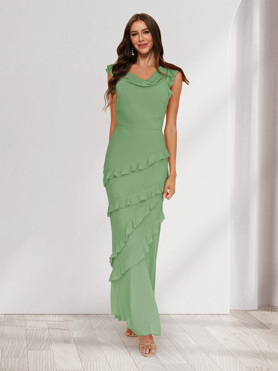 Sheath/Column Cowl Neck Sleeveless Ruffle Maxi Dresses Long Bridesmaid Dresses Dusty Sage