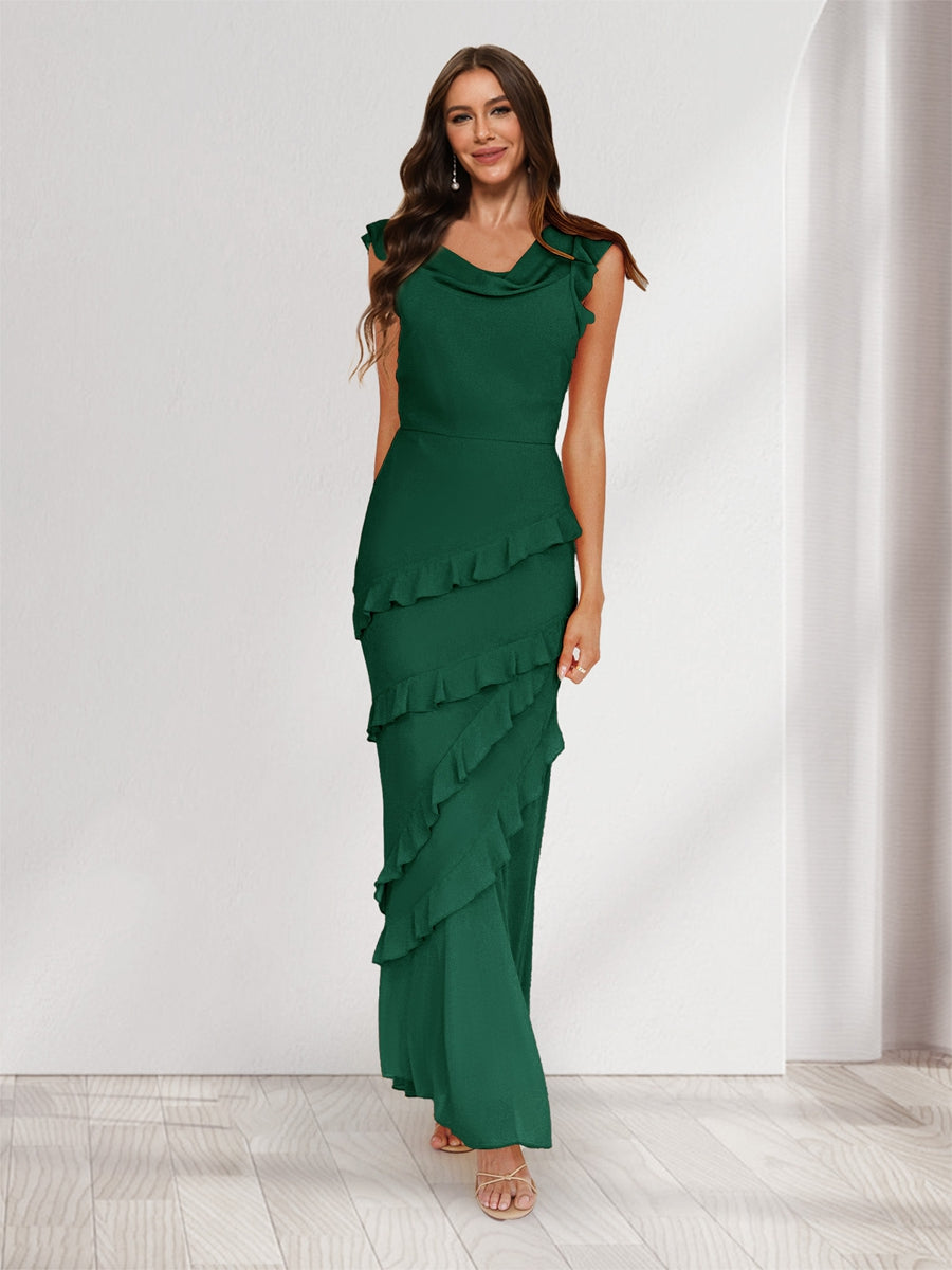 Sheath/Column Cowl Neck Sleeveless Ruffle Maxi Dresses Long Bridesmaid Dresses Emerald