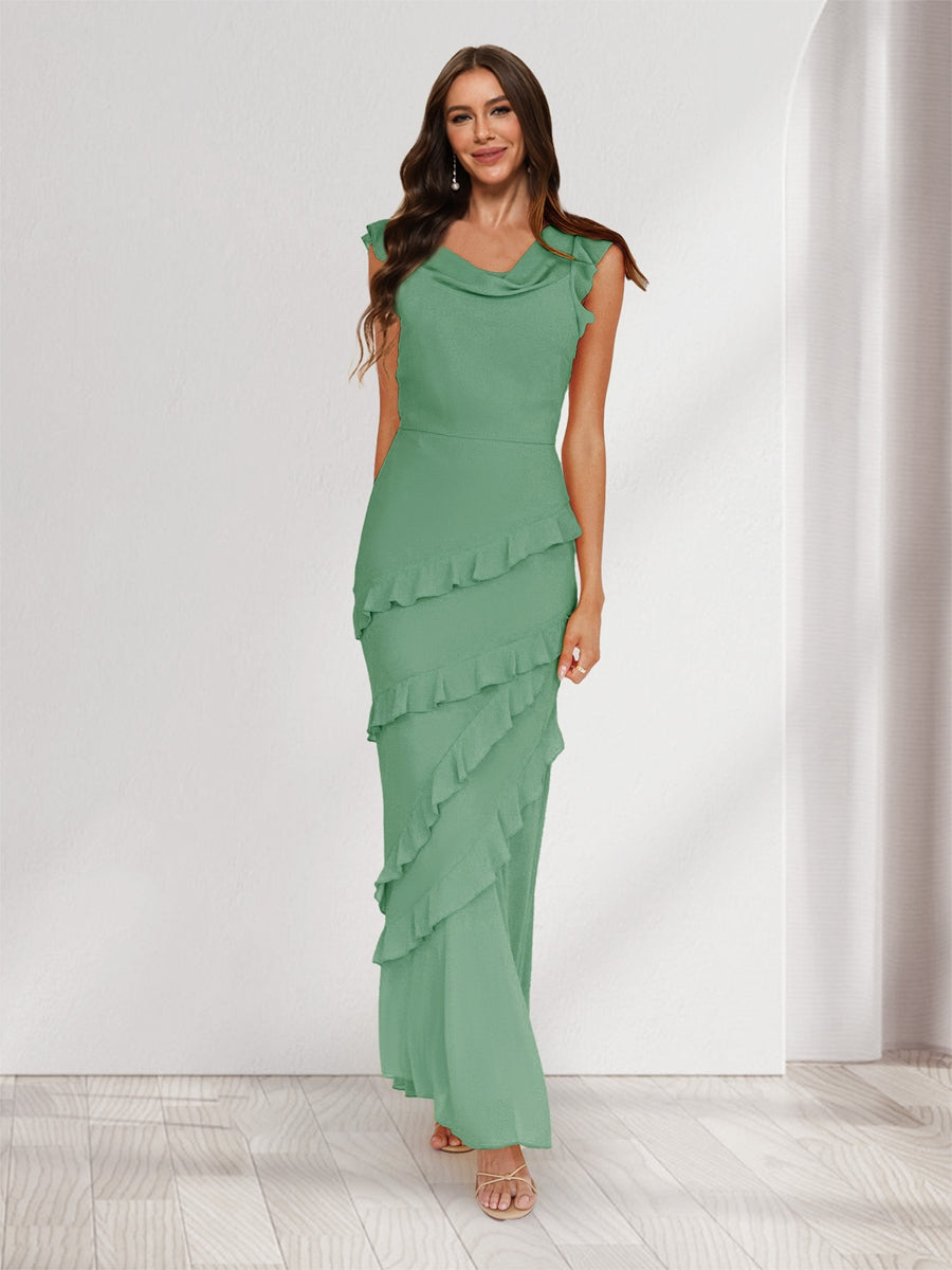 Sheath/Column Cowl Neck Sleeveless Ruffle Maxi Dresses Long Bridesmaid Dresses Eucalyptus