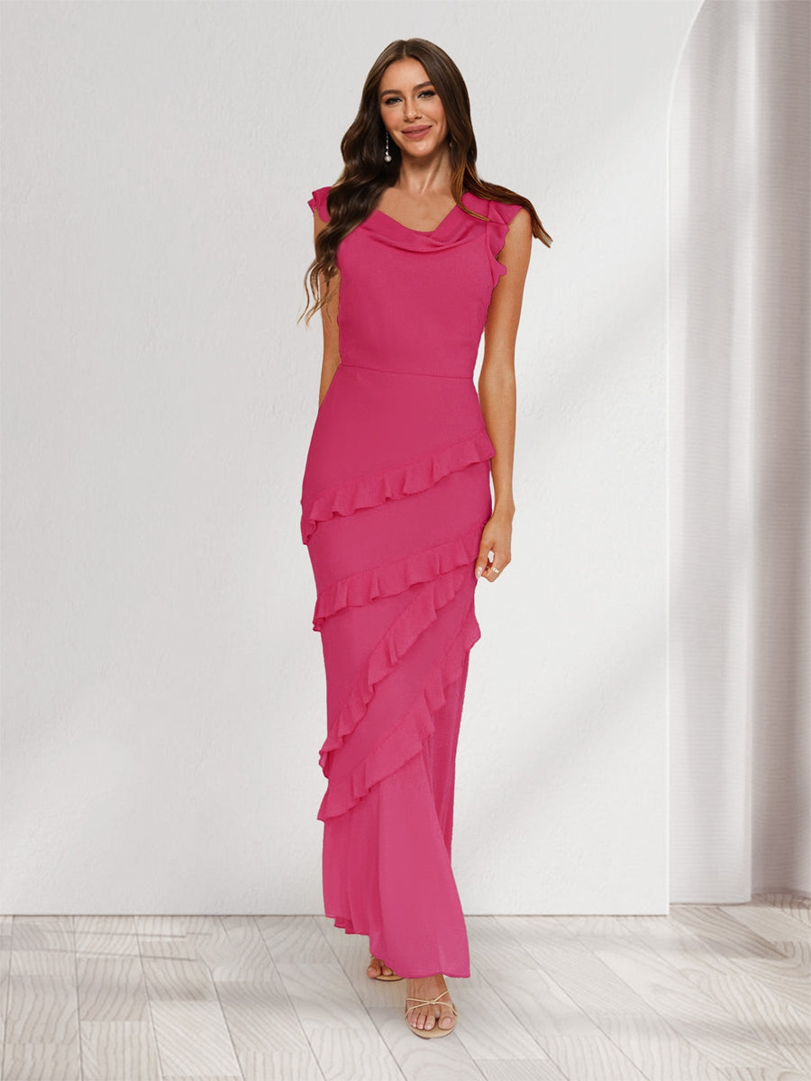 Sheath/Column Cowl Neck Sleeveless Ruffle Maxi Dresses Long Bridesmaid Dresses Fuchsia