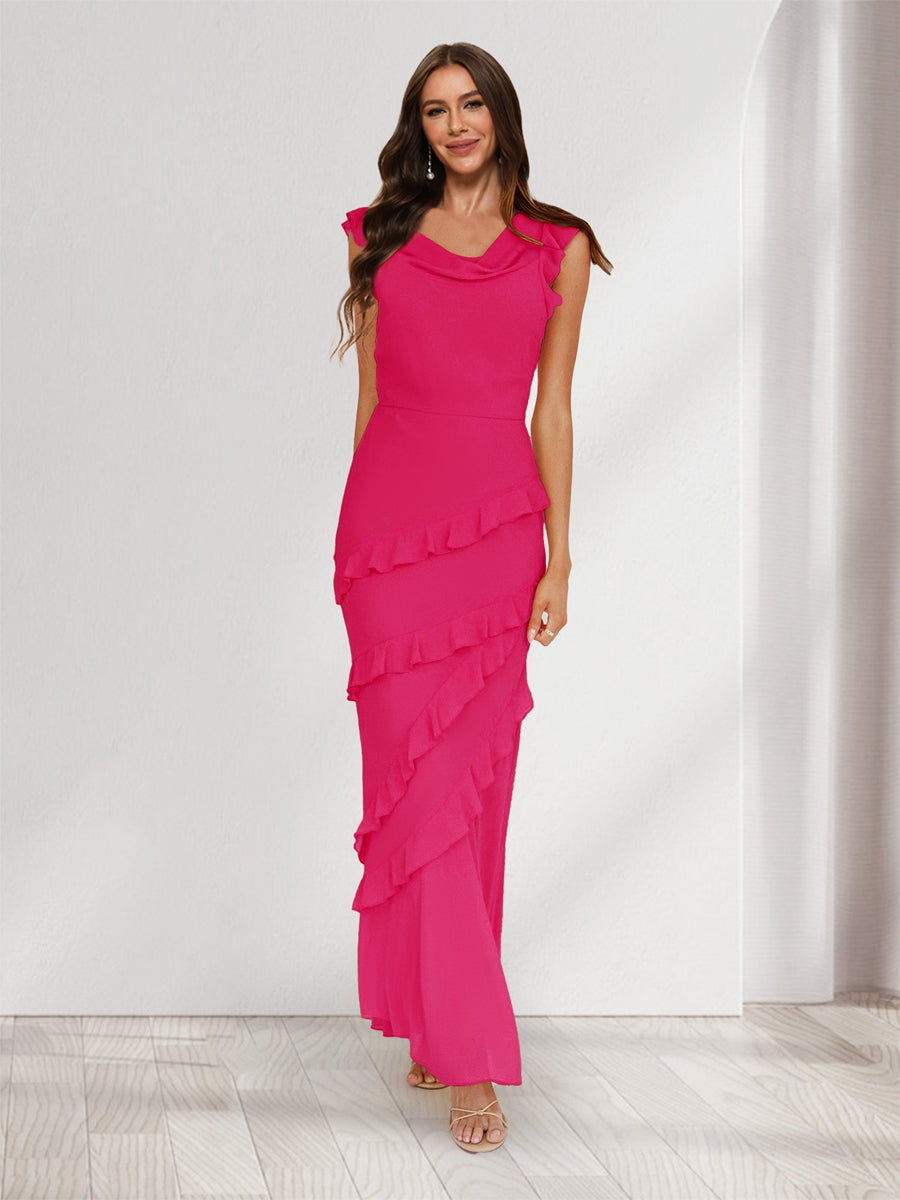 Sheath/Column Cowl Neck Sleeveless Ruffle Maxi Dresses Long Bridesmaid Dresses Fuchsia Pink