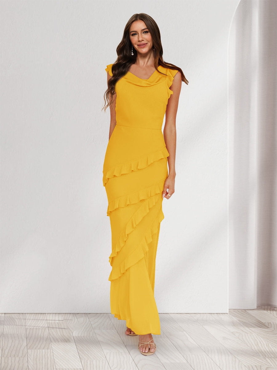Sheath/Column Cowl Neck Sleeveless Ruffle Maxi Dresses Long Bridesmaid Dresses Gold