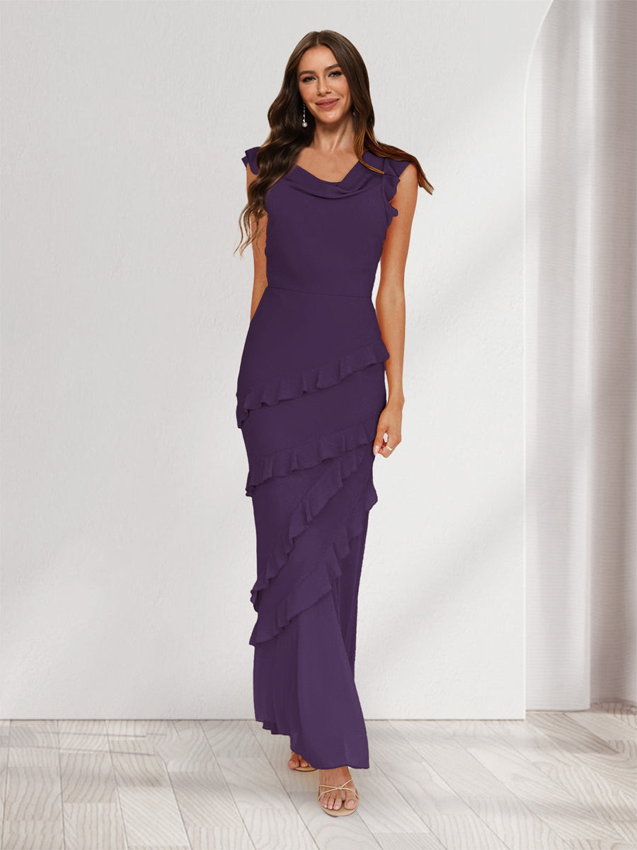 Sheath/Column Cowl Neck Sleeveless Ruffle Maxi Dresses Long Bridesmaid Dresses Grape