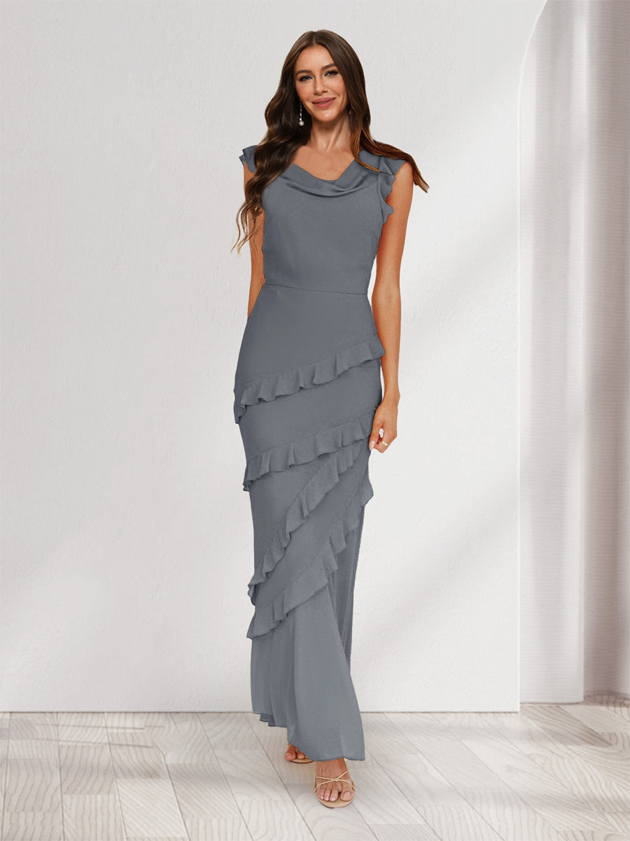 Sheath/Column Cowl Neck Sleeveless Ruffle Maxi Dresses Long Bridesmaid Dresses Gray