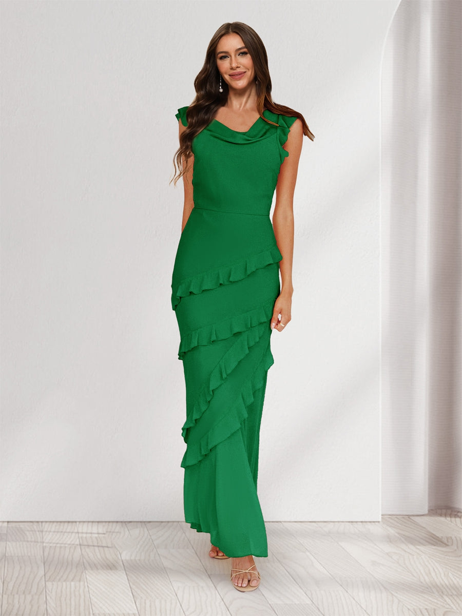Sheath/Column Cowl Neck Sleeveless Ruffle Maxi Dresses Long Bridesmaid Dresses Green