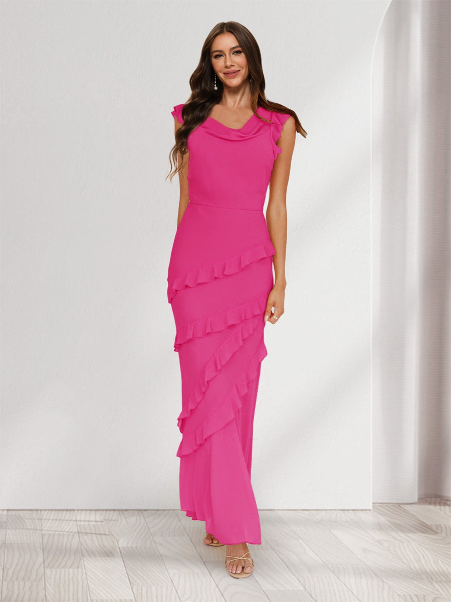 Sheath/Column Cowl Neck Sleeveless Ruffle Maxi Dresses Long Bridesmaid Dresses Hot Pink