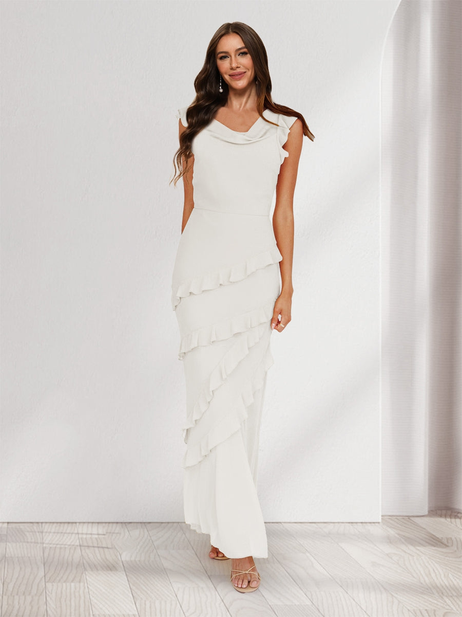 Sheath/Column Cowl Neck Sleeveless Ruffle Maxi Dresses Long Bridesmaid Dresses Ivory