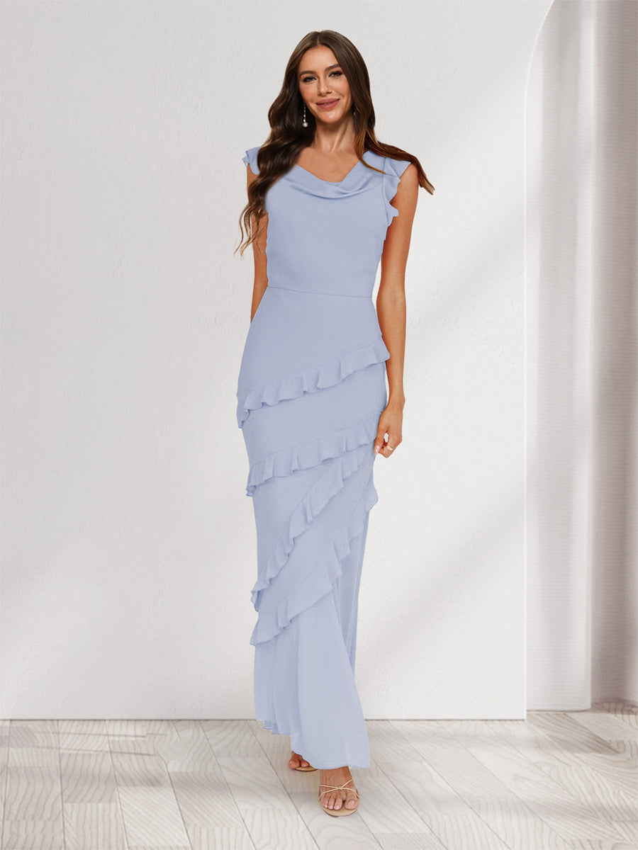Sheath/Column Cowl Neck Sleeveless Ruffle Maxi Dresses Long Bridesmaid Dresses Lavender