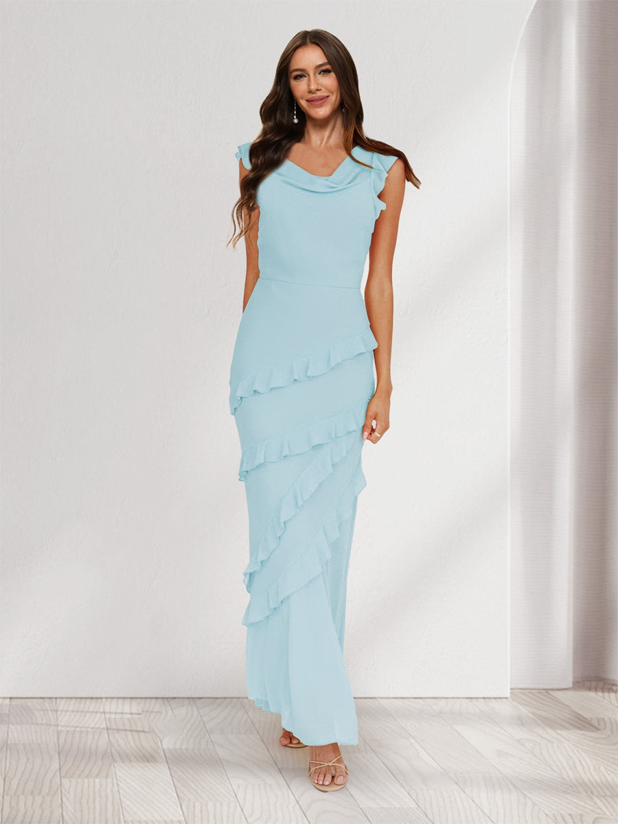 Sheath/Column Cowl Neck Sleeveless Ruffle Maxi Dresses Long Bridesmaid Dresses Light Blue