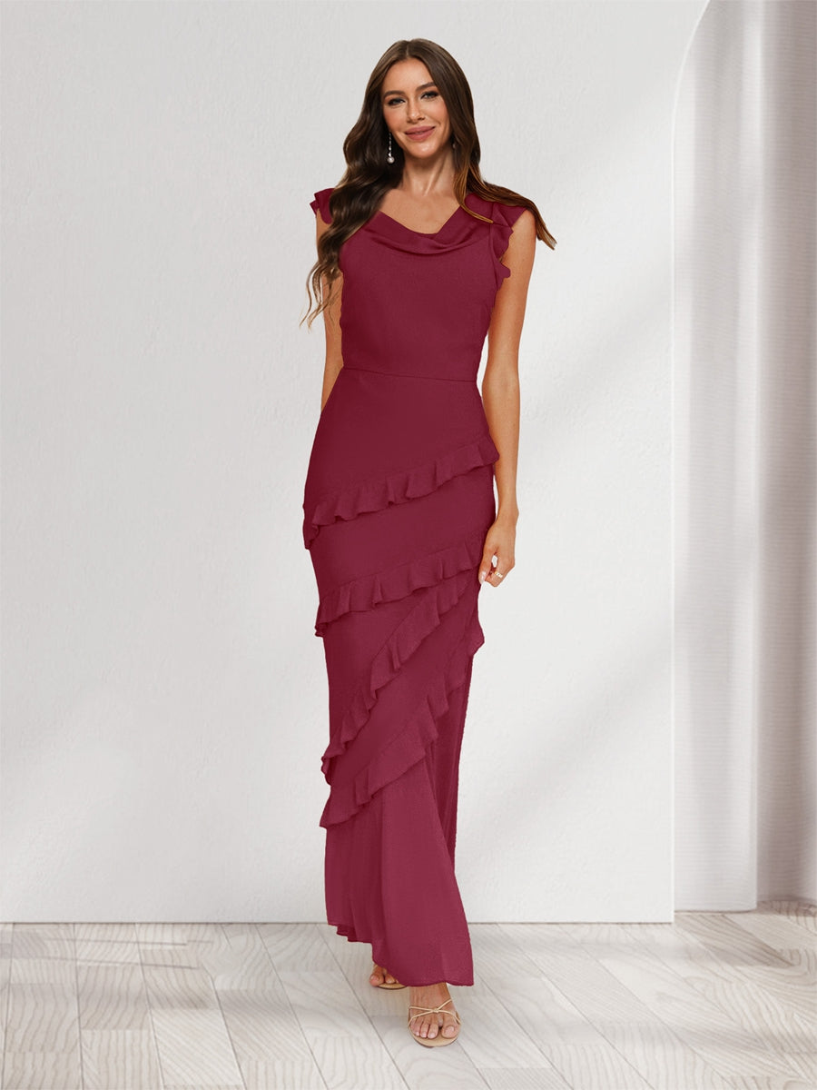Sheath/Column Cowl Neck Sleeveless Ruffle Maxi Dresses Long Bridesmaid Dresses Light Burgundy