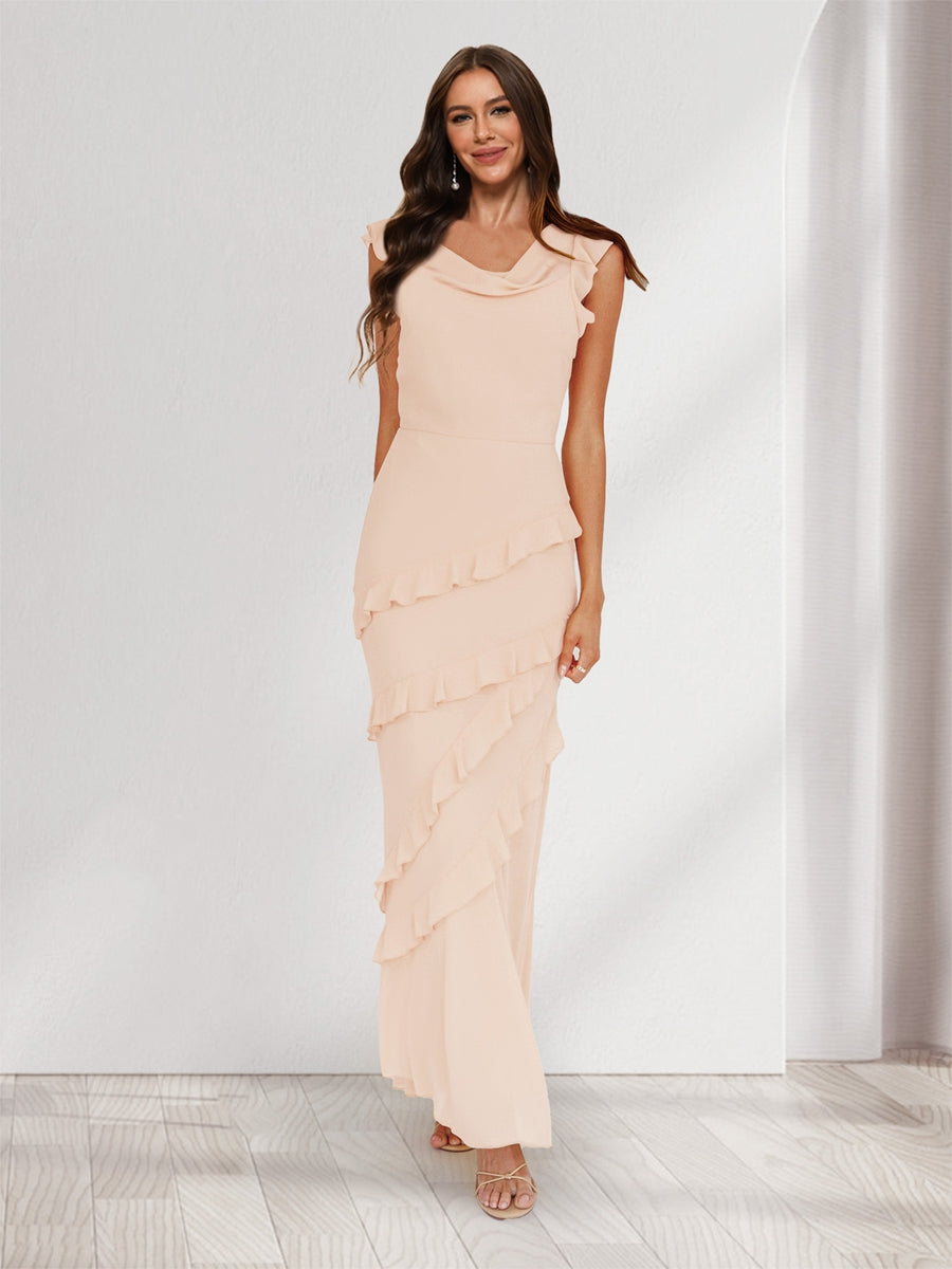 Sheath/Column Cowl Neck Sleeveless Ruffle Maxi Dresses Long Bridesmaid Dresses Light Champagne