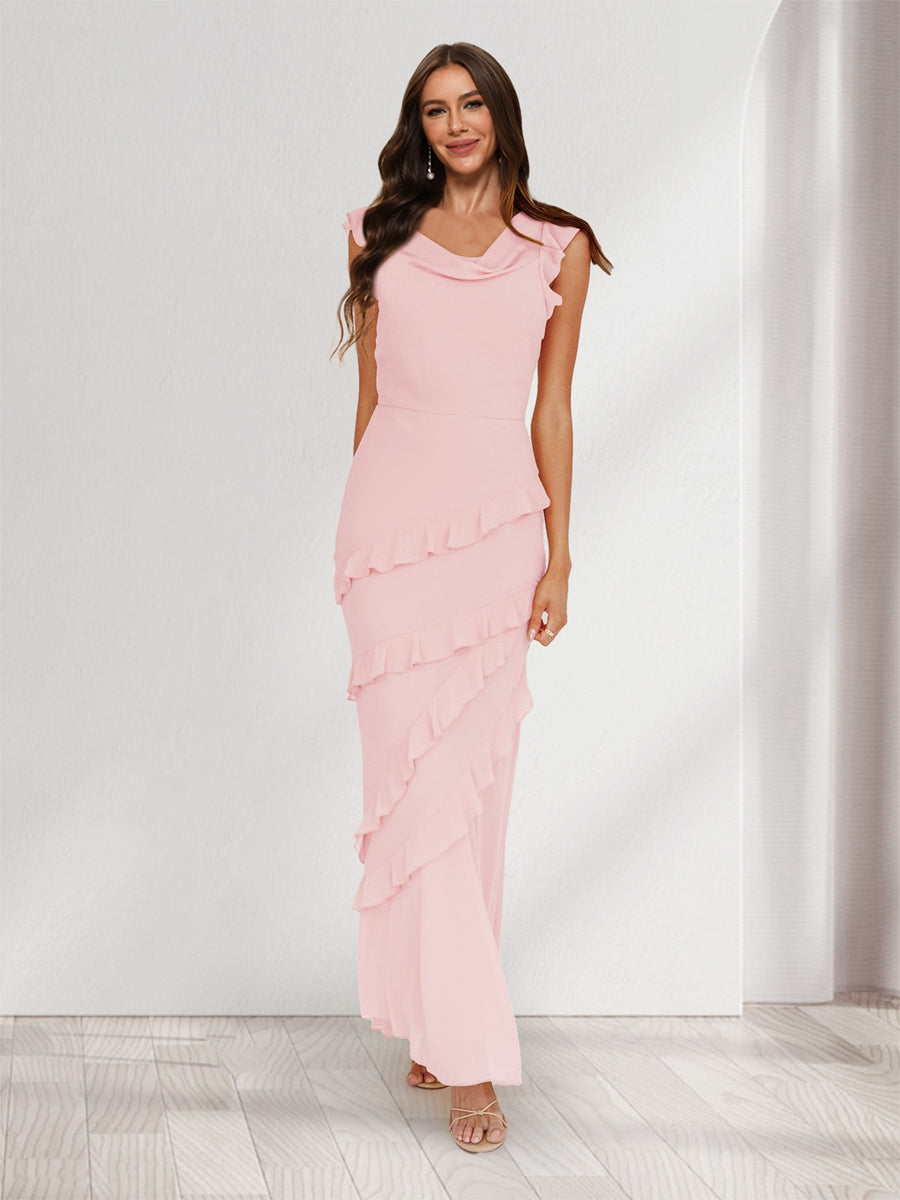 Sheath/Column Cowl Neck Sleeveless Ruffle Maxi Dresses Long Bridesmaid Dresses Light Pink