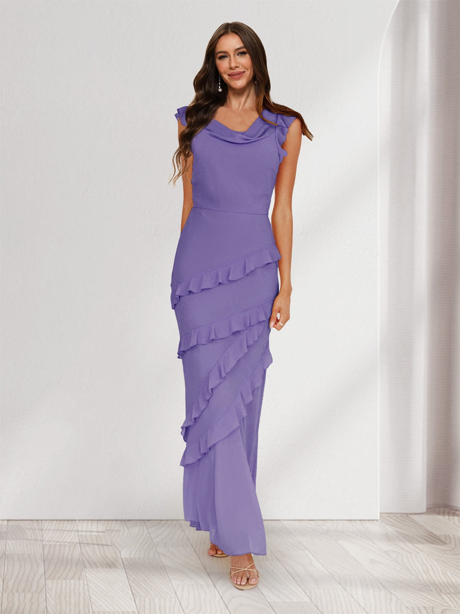 Sheath/Column Cowl Neck Sleeveless Ruffle Maxi Dresses Long Bridesmaid Dresses Light Purple