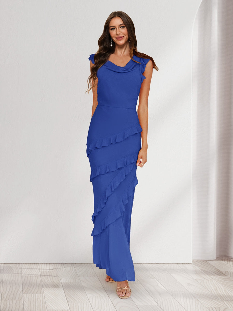 Sheath/Column Cowl Neck Sleeveless Ruffle Maxi Dresses Long Bridesmaid Dresses Light Royal Blue