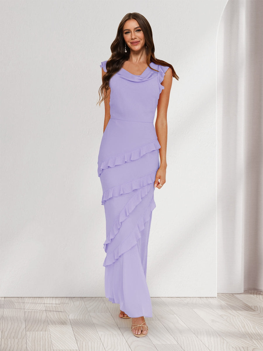 Sheath/Column Cowl Neck Sleeveless Ruffle Maxi Dresses Long Bridesmaid Dresses Lilac