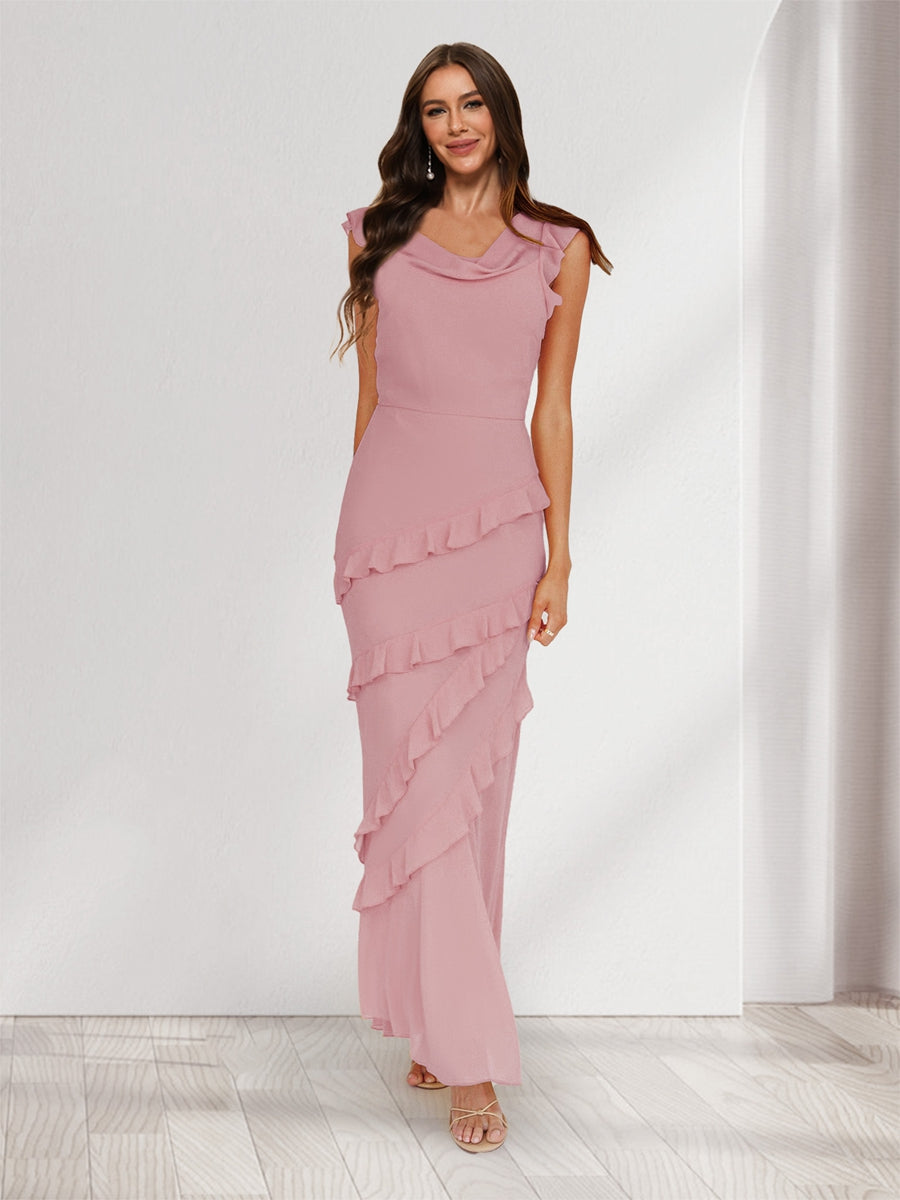 Sheath/Column Cowl Neck Sleeveless Ruffle Maxi Dresses Long Bridesmaid Dresses Mauve