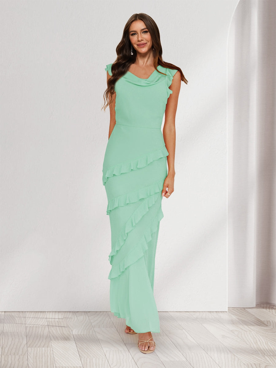 Sheath/Column Cowl Neck Sleeveless Ruffle Maxi Dresses Long Bridesmaid Dresses Mint Green