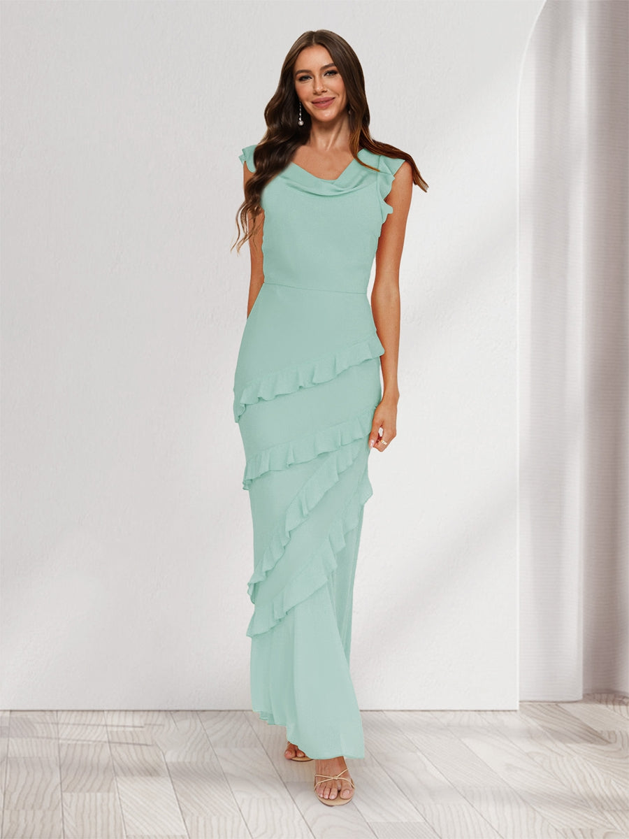Sheath/Column Cowl Neck Sleeveless Ruffle Maxi Dresses Long Bridesmaid Dresses Mist Blue