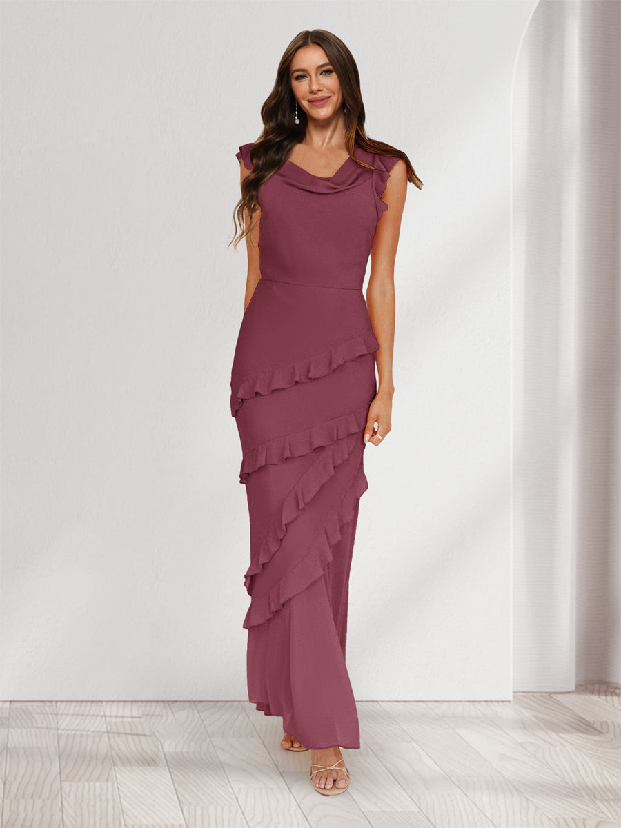 Sheath/Column Cowl Neck Sleeveless Ruffle Maxi Dresses Long Bridesmaid Dresses Mulberry