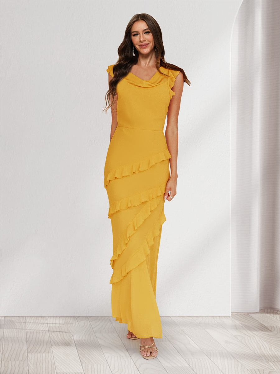 Sheath/Column Cowl Neck Sleeveless Ruffle Maxi Dresses Long Bridesmaid Dresses Mustard Yellow