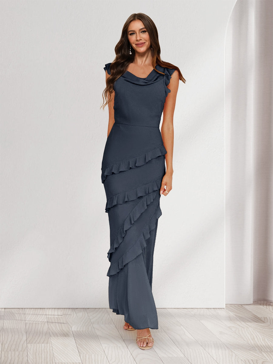 Sheath/Column Cowl Neck Sleeveless Ruffle Maxi Dresses Long Bridesmaid Dresses Navy Blue