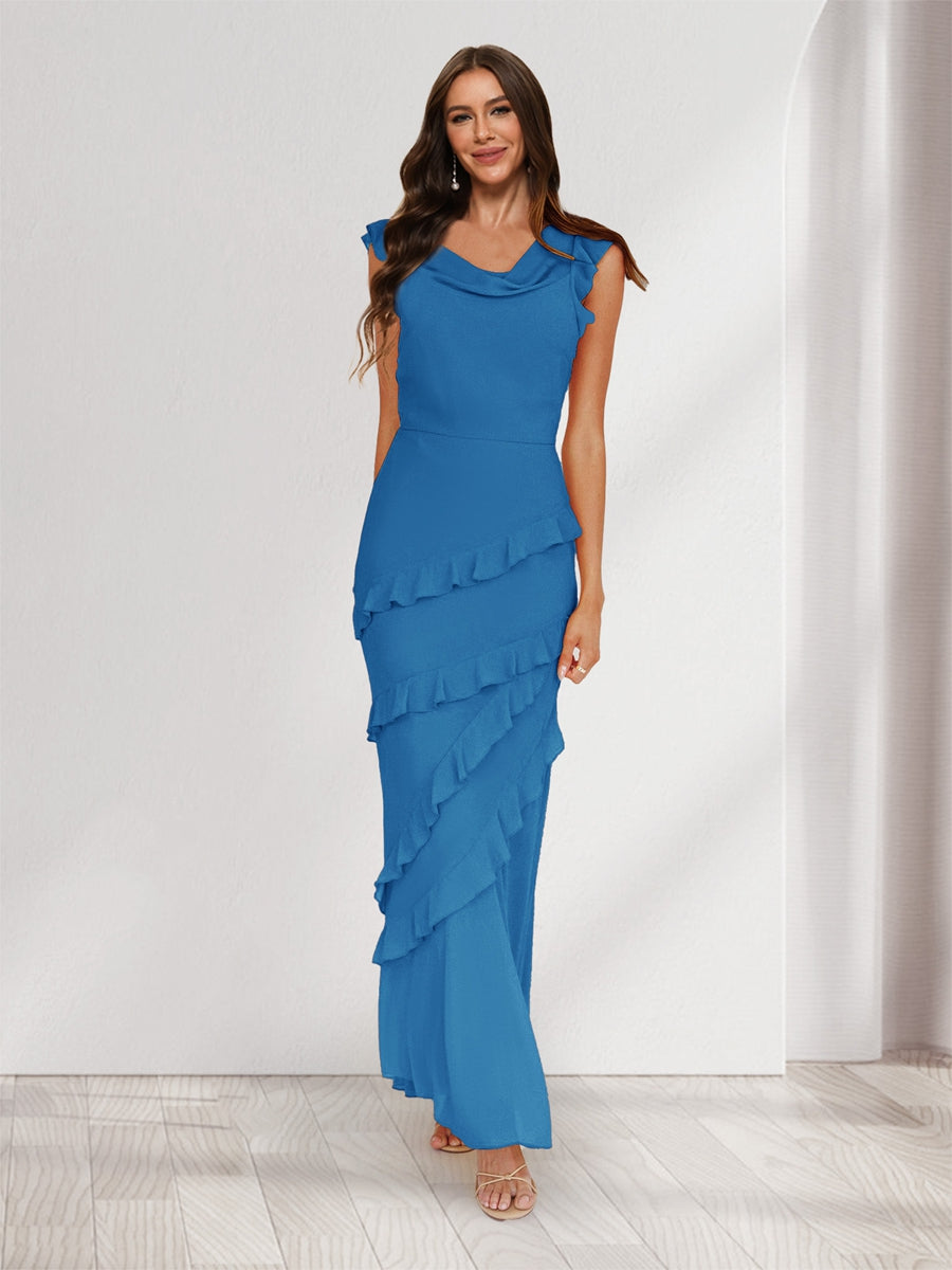 Sheath/Column Cowl Neck Sleeveless Ruffle Maxi Dresses Long Bridesmaid Dresses Ocean Blue
