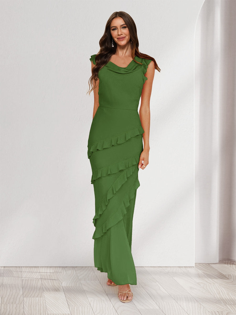 Sheath/Column Cowl Neck Sleeveless Ruffle Maxi Dresses Long Bridesmaid Dresses Olive Green