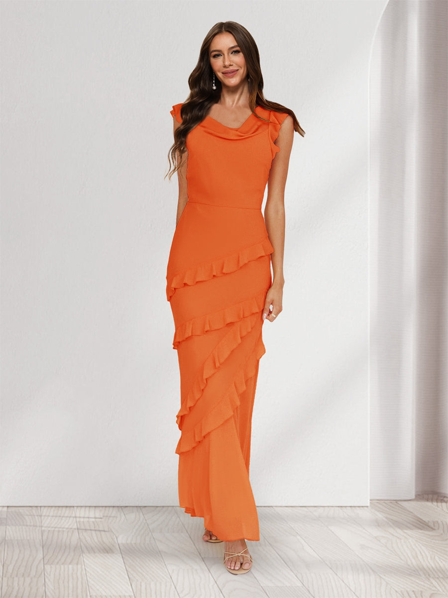 Sheath/Column Cowl Neck Sleeveless Ruffle Maxi Dresses Long Bridesmaid Dresses Orange